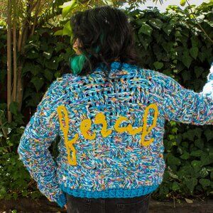 NWT Handmade Crochet Blue Feral Medium Bomber Jacket Sweater Cardigan Chunky